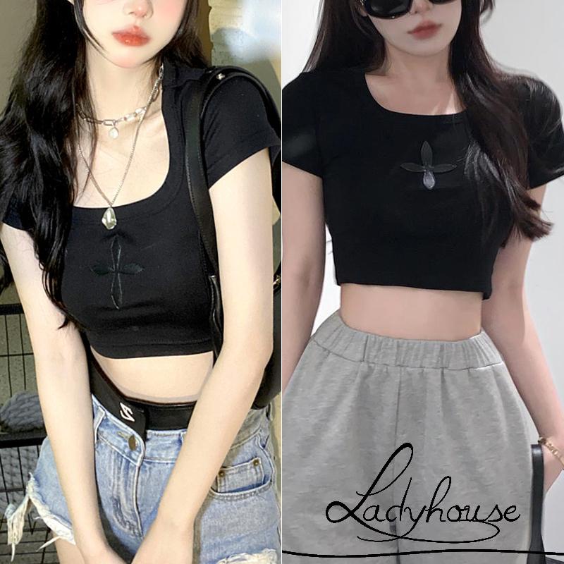 Áo Thun Croptop Tay Ngắn Dáng Ôm In Họa Tiết Chéo Thời Trang Cho Nữ