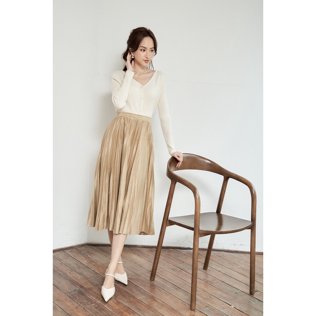 Chân váy midi xếp ly da lộn cạp chun nhăn TIIN STORE G21059