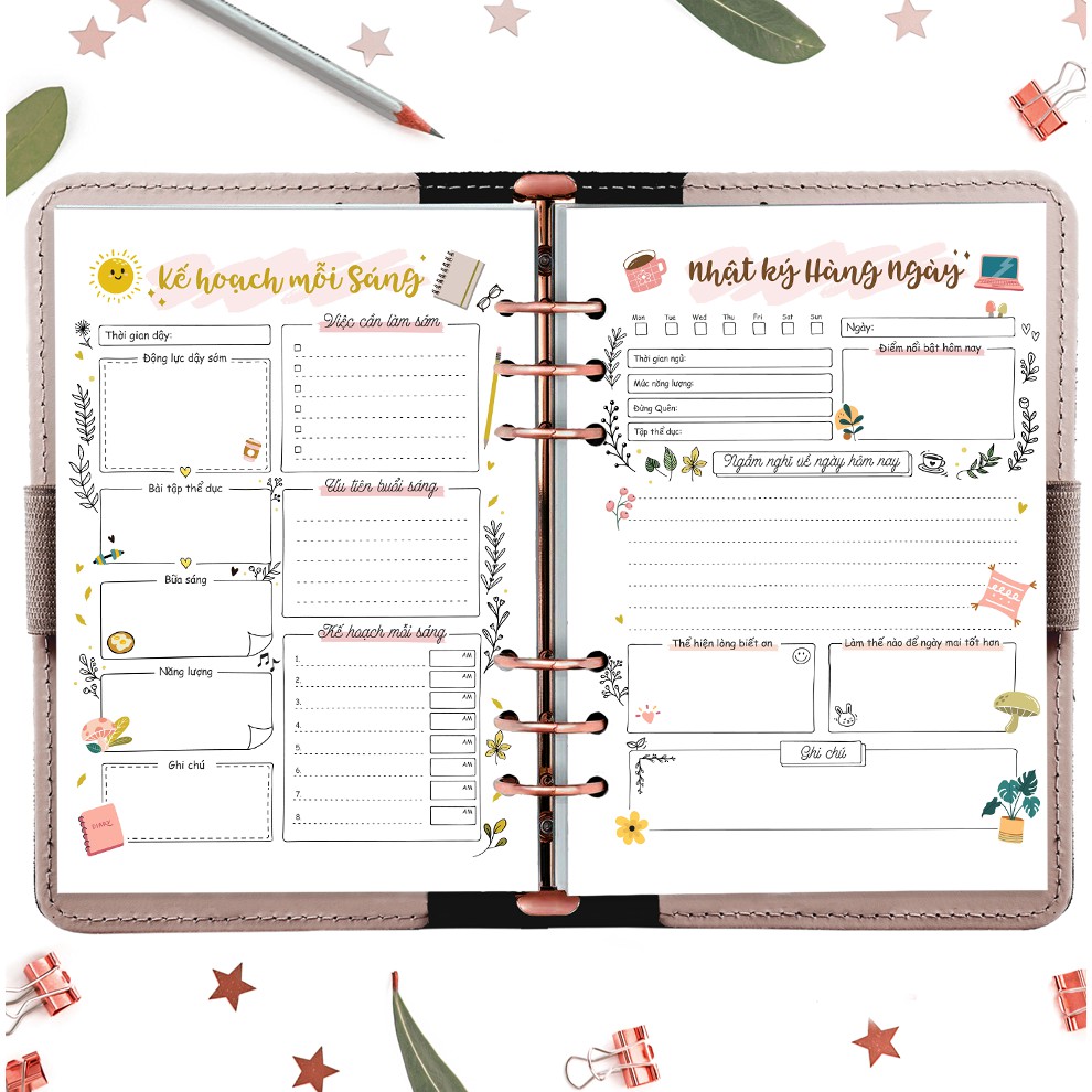 Giấy / Ruột sổ refill sổ còng 6 lỗ A5 / A6 lập kế hoạch 50 tờ, định lượng 120gsm, planner in sẵn layout, bullet journal