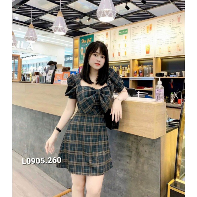 Đầm Caro nơ to phong cách hàng thiết kế cam kết người mẫu chụp ảnh thật Full size