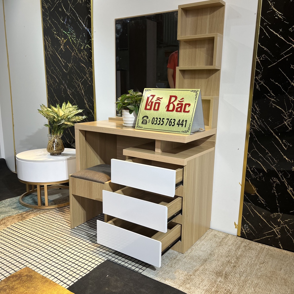 Bàn trang điểm kèm ghế kích thước rộng 80cm gỗ MDF phủ Melamine 3 ngăn kéo tặng kèm ghế