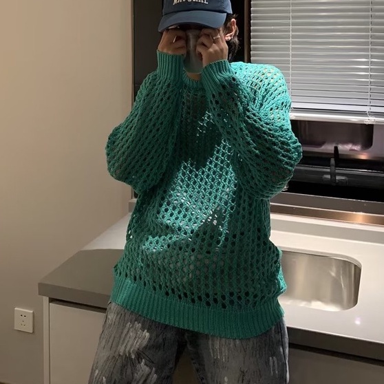 Áo Thun Dệt Kim Lưới Xuyên Thấu Cao Cấp Thời Trang Mùa Thu Đường Phố Ngoài Trời Cho Nam Niche De