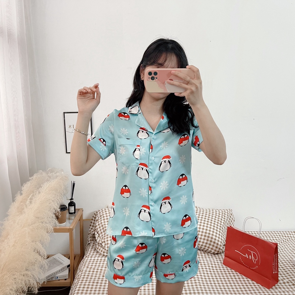 Bộ Mặc Nhà Pyjama Lụa Cộc Tea Storea Họa Tiết Kem