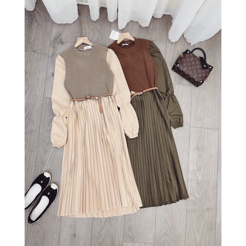 Set Áo Len Mix Váy Xếp Ly