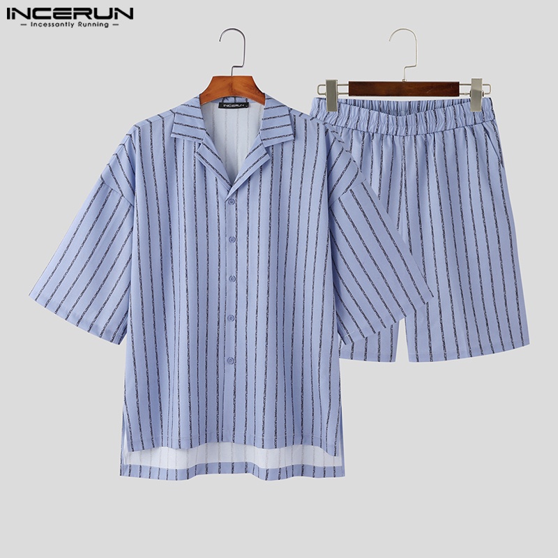 Set trang phục INCERUN với áo sơ mi kẻ sọc ngắn tay và quần ngắn lưng thun thời trang cho nam