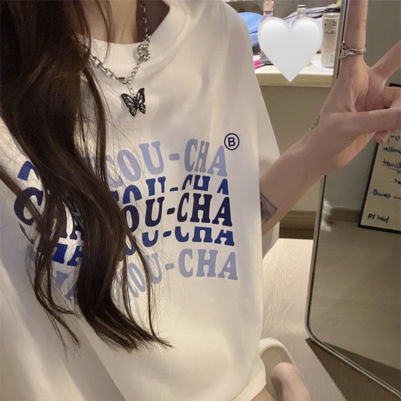 SUXI Áo Thun Ngắn Tay Cổ Tròn Dáng Rộng In Chữ Thời Trang Mùa Hè Cho Nữ