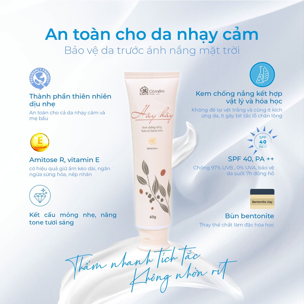 [Mã FMCGMALL -8% đơn 250K] Kem Chống Nắng Thiên Nhiên Thấm Nhanh An Toàn Cho Da Hây Hây SPF 40, PA ++ Cỏ Mềm 60g | BigBuy360 - bigbuy360.vn