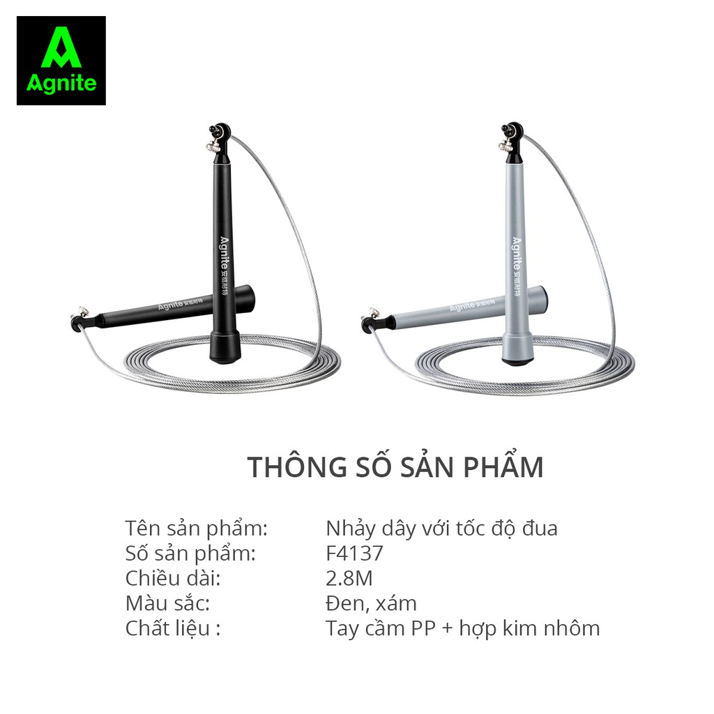 Dây nhảy tập thể dục Agnite chính hãng, có thể điều chỉnh độ dài, Lõi bằng thép cao cấp, Dài 2.8m, màu Xám/ đen -  F4137