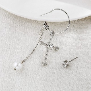 Bông Tai Khuyên Tai Chữ Thập Đính Đá Phong Cách Hàn Quốc Ulzzang Bất Đối Xứng