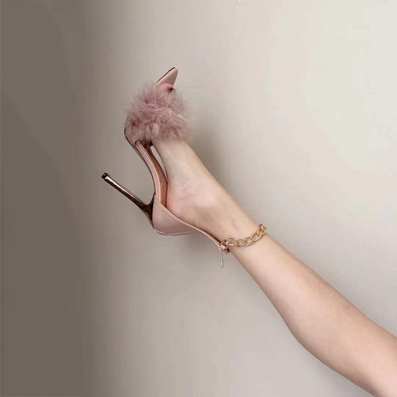 Sandal Cao Gót Nhọn 11 Phân Quai Dây Xích Phối Lông