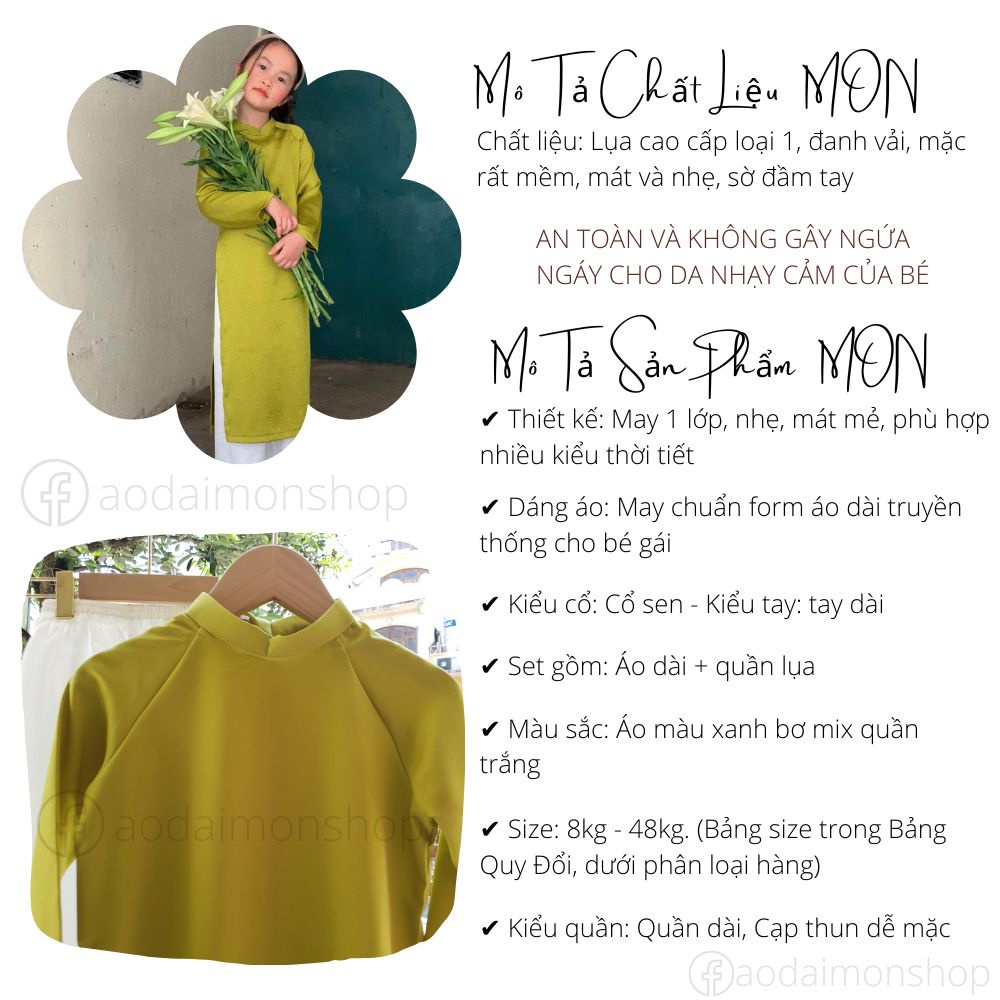 Áo Dài Trơn Truyền Thống Bé Gái Chất Lụa Cao Cấp Màu Xanh Bơ Siêu Xinh Mon