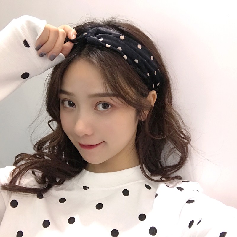 Băng Đô Bờm Turban Cài Tóc Họa Tiết Chấm Bi Khung Cứng !