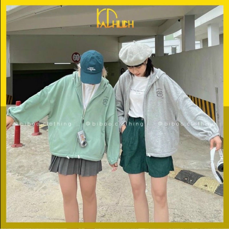 Áo khoác nỉ dây kéo form rộng, nón 2 lớp, có dây rút vạt áo in hình cô gái