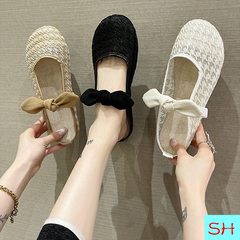 Dép Bít Mũi Đế Bằng Phối Ren Lưới Đính Nơ Thời Trang Mùa Hè Mới Xinh Xắn Cho Phụ Nữ Mang Thai 2022