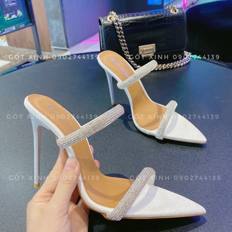 Dép cao gót 2 quoai đính đá thật
