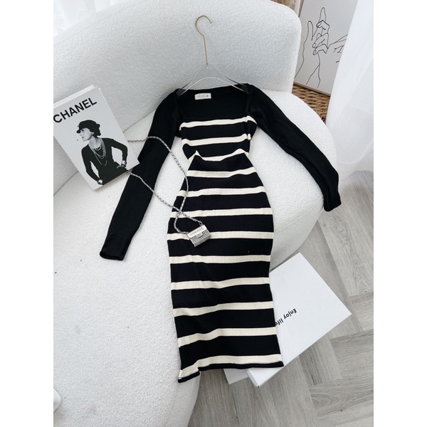 SET ĐẦM BODY SỌC NGANG + ÁO KHOÁC ĐEN TAY DÀI