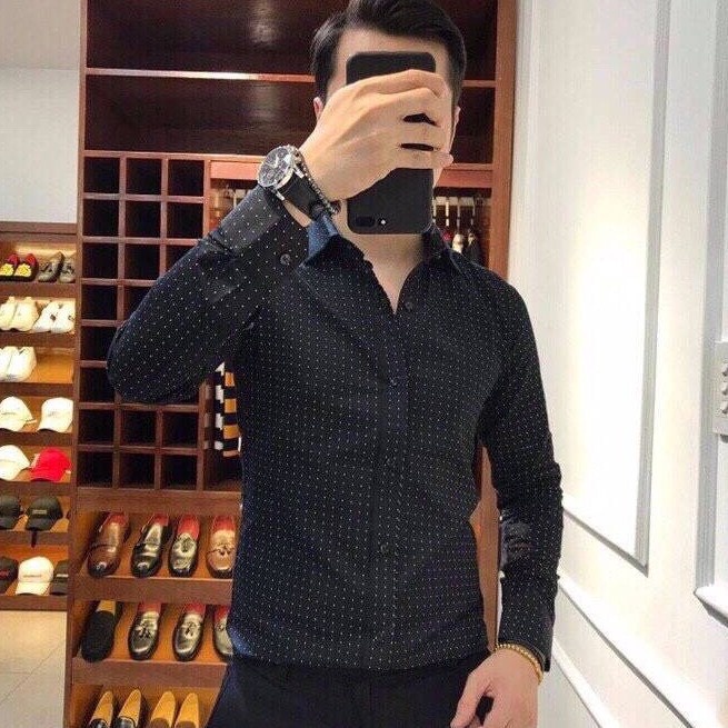 Áo sơ mi gấp hộp họa tiết chấm bi sang trọng lịch lãm chất vải mát chống nhăn dáng ôm