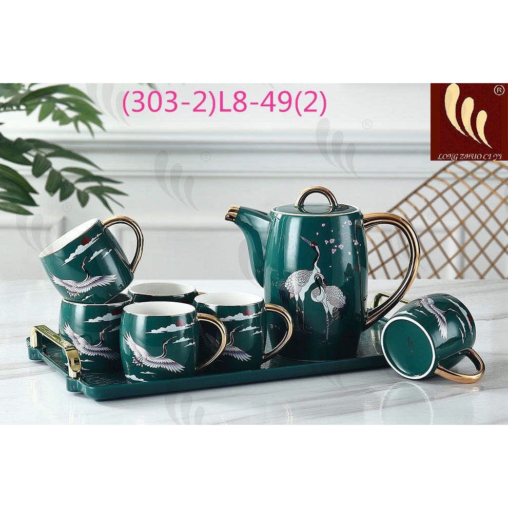 bộ bình cốc kèm khay sứ pha trà màu xanh họa tiết con cò