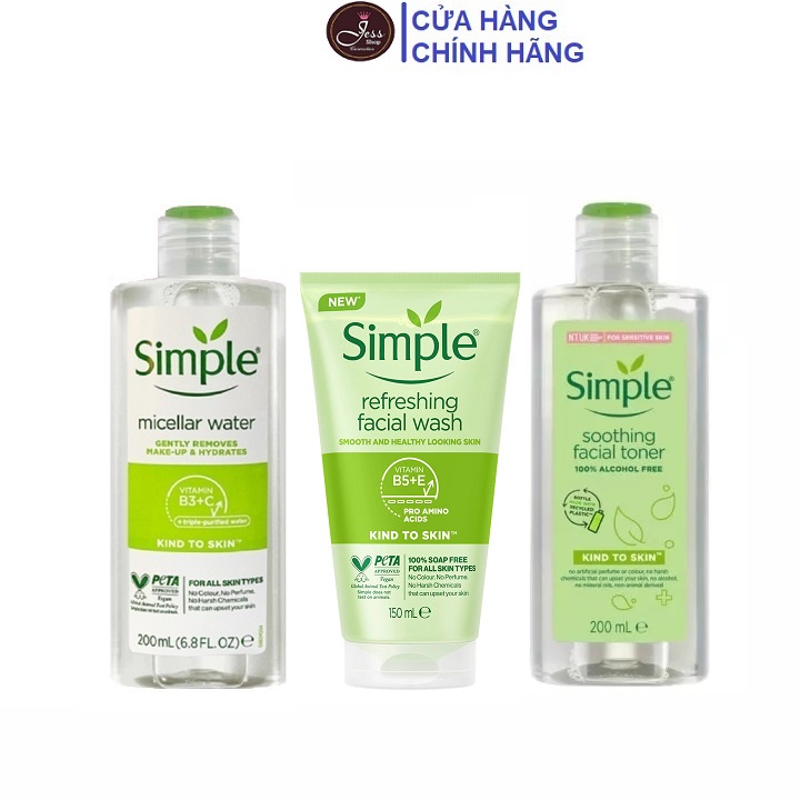 Bộ 3 Sản Phẩm Dưỡng Da Simple Dành Cho Mọi Loại Da (Tẩy trang + Sữa rửa mặt + Toner)