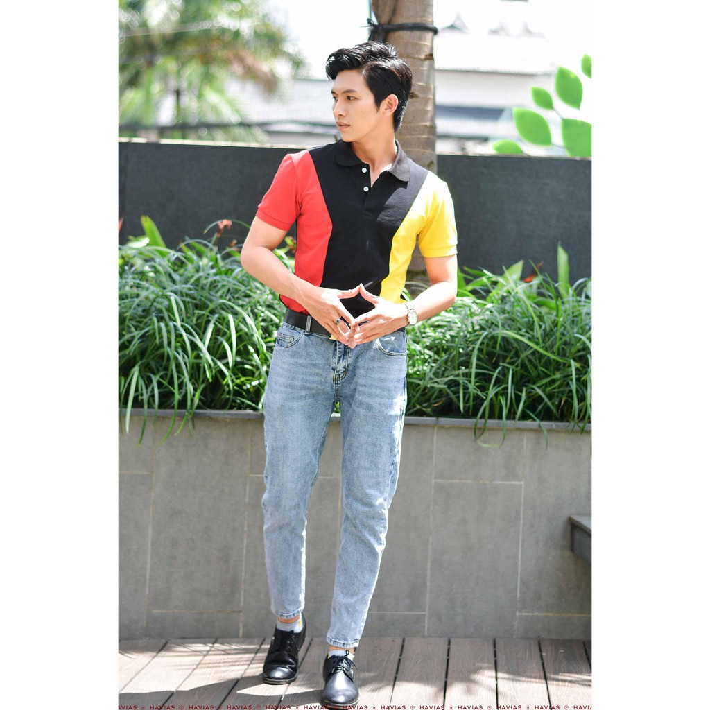 Áo thun Polo Havias kiểu dáng lịch lãm phối 3 màu Đen Đỏ Vàng vải Cotton 100%