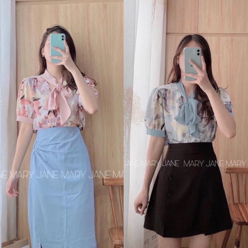 MH ÁO HOA LỤA XANH HỒNG PHỐI BUỘC CỔ NƠ CHO NỮ GIÁ TỐT