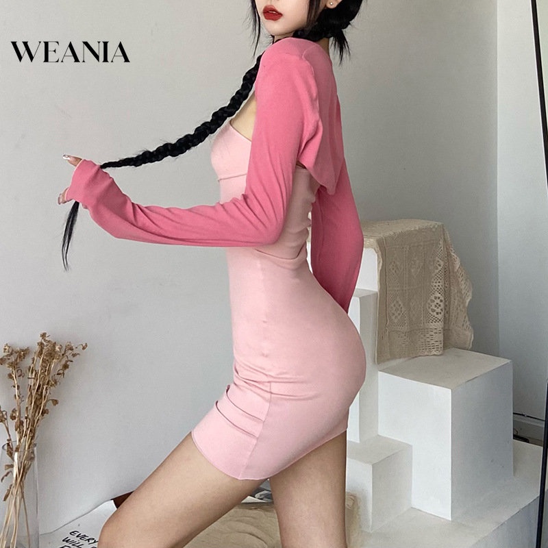 Set Đầm Trễ Vai Phối Bèo + Áo Tay Dài 2 Mảnh Phong Cách Hàn Quốc