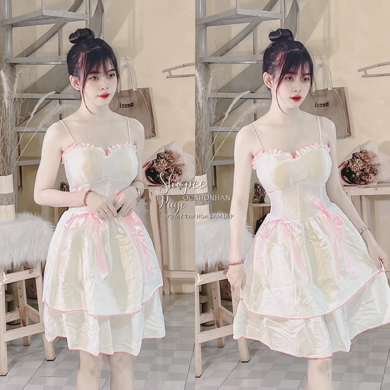 Đầm cup ngực xoè nơ tiểu thư