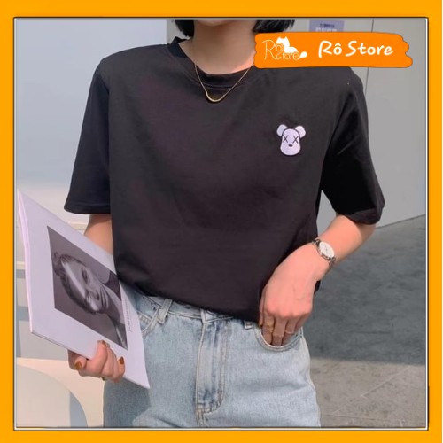 Áo thun Unisex nam nữ form rộng chất cotton co giãn- Áo phông thêu gấu basic dễ phối đồ RÔ STORE AT15