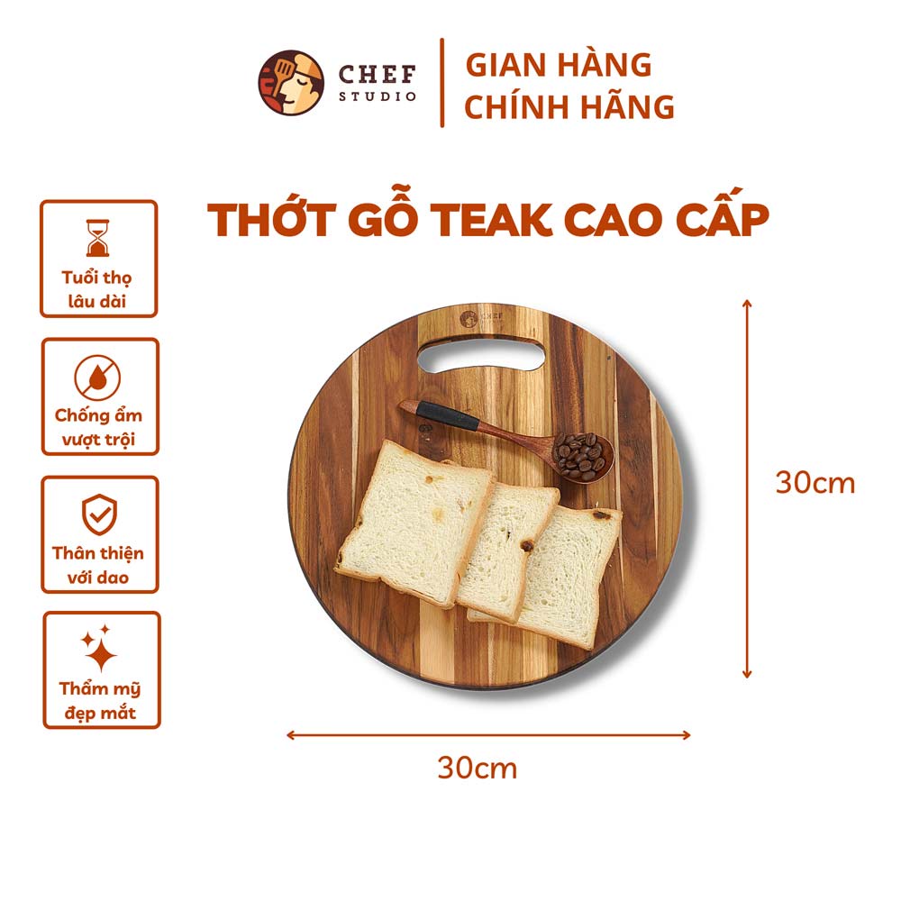 Thớt gỗ Teak Chef Studio cao cấp hình tròn có tay nắm cong, dày 1.4 cm dùng cho cắt thái và trang trí