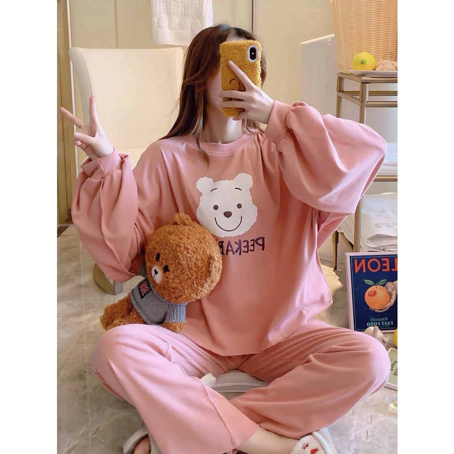 Bộ Pijama Nỉ Gấu PEEKABOO 🦋 Set Quần Áo Thun Dài Tay Dáng Rộng In Hình 2 Màu 🦋