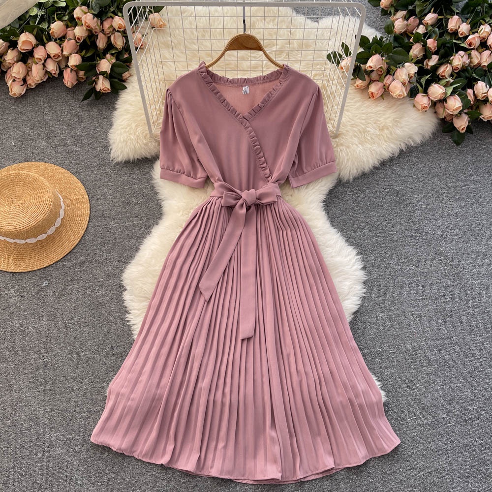 Đầm Midi Xếp Ly Cổ Chữ V Màu Trơn Đơn Giản Thời Trang Mùa Hè Phong Cách Hàn Quốc Dành Cho Nữ