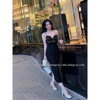 Đầm body hai dây nhún thân đính nơ ngực
