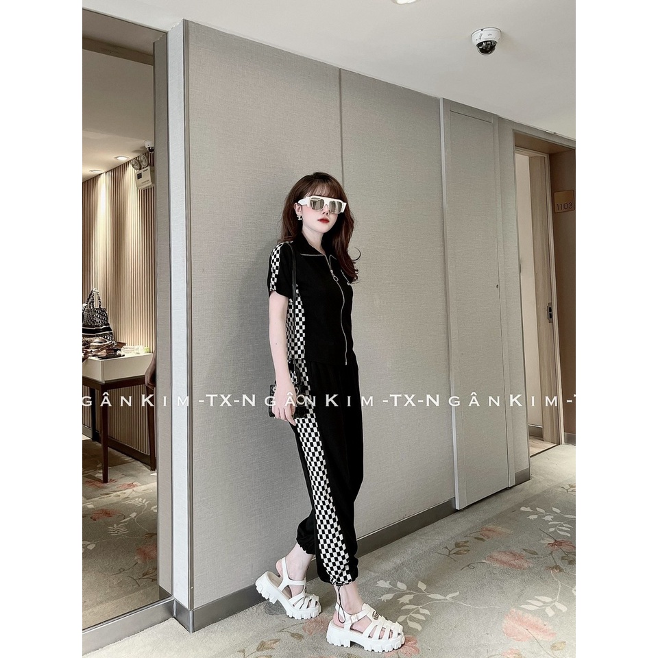 Set bộ thêu hoa kẻ ô quần ống suông cổ sơ mi LT210