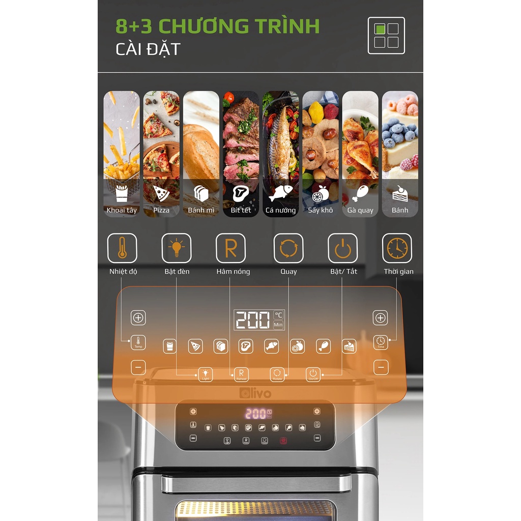 Nồi chiên không dầu OLIVO AF12 dung tích 12L công suất 1800W thương hiệu Mỹ