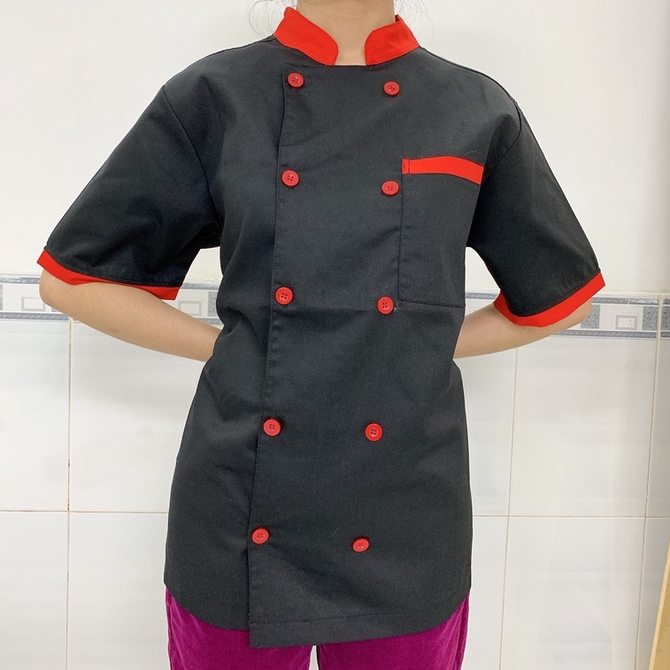 Áo Đầu Bếp Quán Ăn, Áo Bếp Ngắn Tay Màu Trắng, Đen Dành Cho Nam Nữ