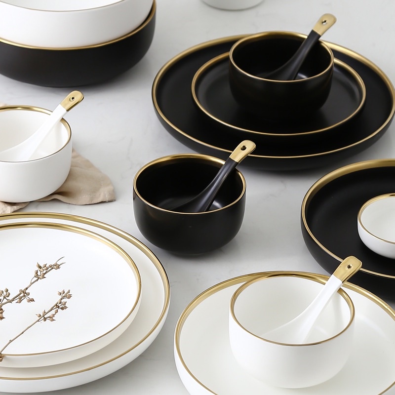 Set bát đĩa trắng viền vàng/đen viền vàng sang trọng