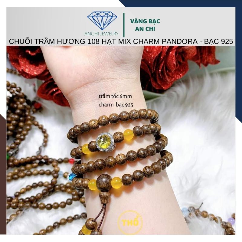 Vòng tay trầm hương charm bạc pandora đính đá trắng / xanh / đỏ / vàng / tím - Anchi jewelry