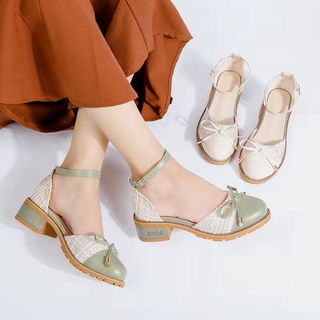 Giày Sandal Giày nữ phong cách Nhật Bản gót thô 4cm đính nơ
