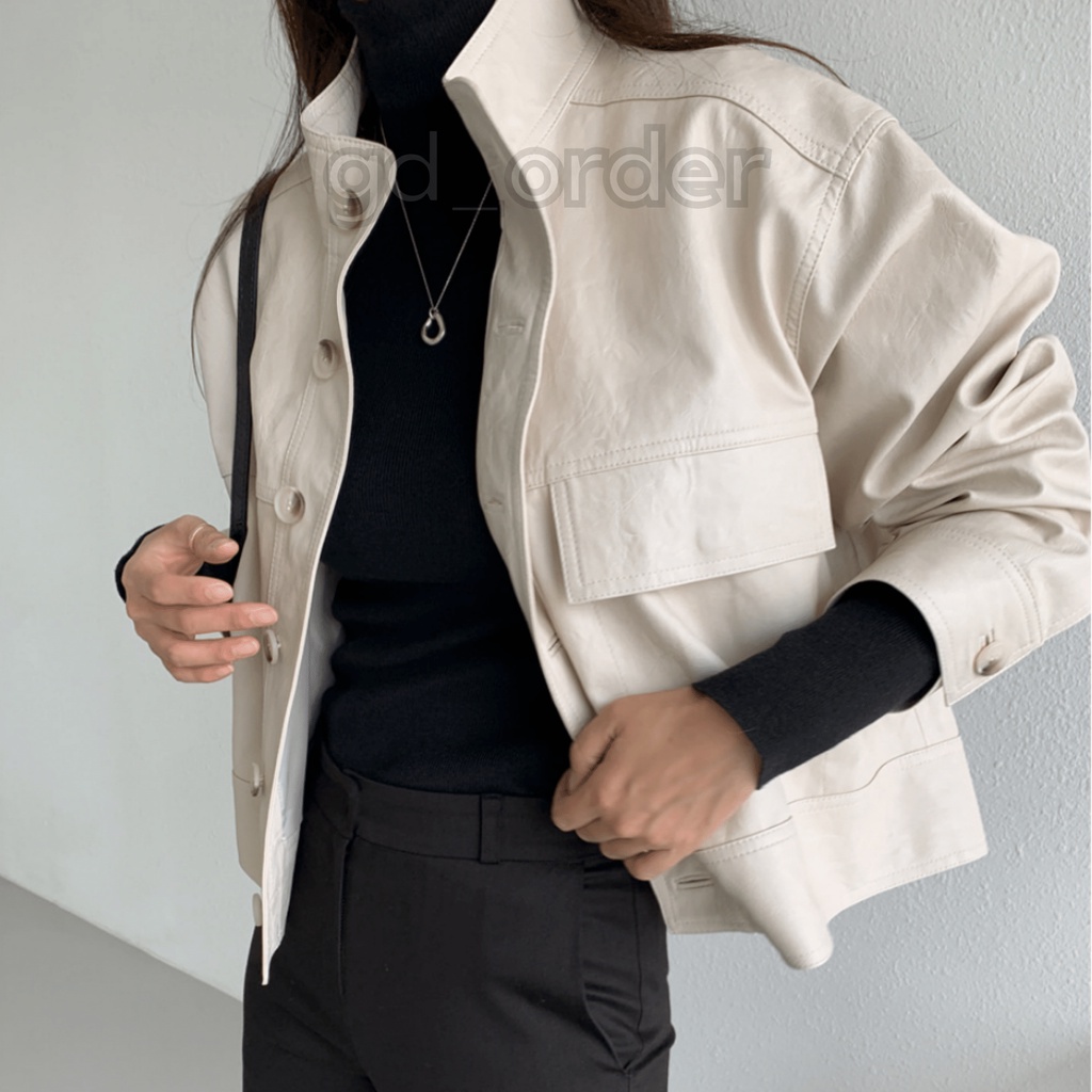 K58|Áo khoác da PU hàn quốc nữ khóa cài croptop dáng ngắn năng động màu đen, be gd_order
