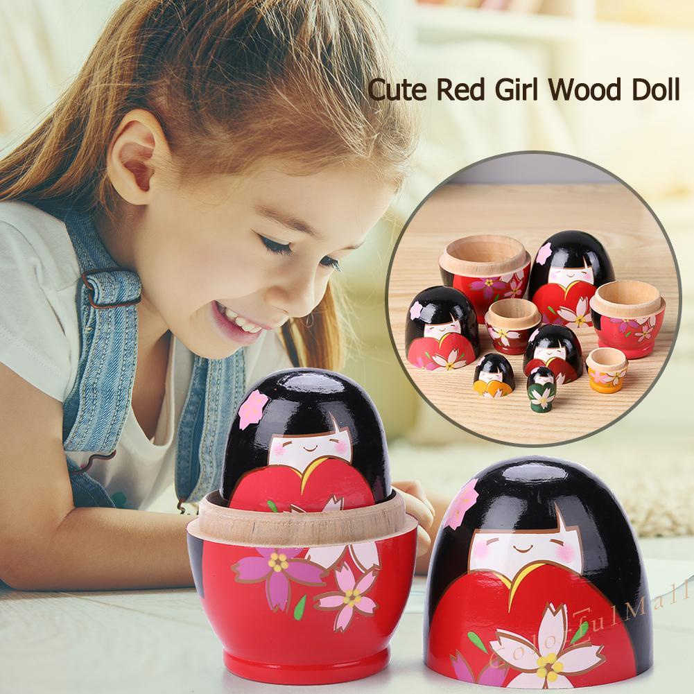 （ColorfulMall）   5pcs Lovely Wooden Russian Dolls Red Dress Girl Toys for Home Decoration