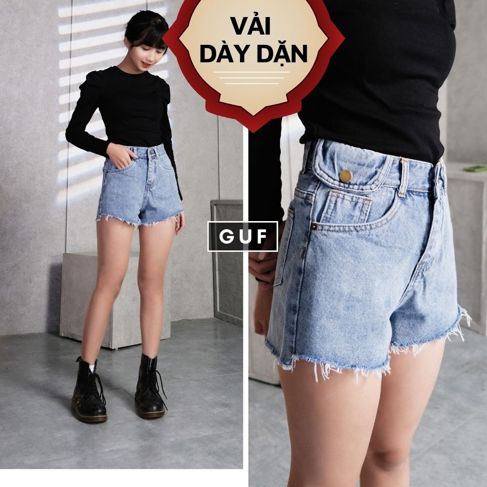 Quần Short Jean Nữ Thương Hiệu GUF Trơn Màu Xanh Chất Bò Cao Cấp Cạp Cao Dáng Rộng Chữ A