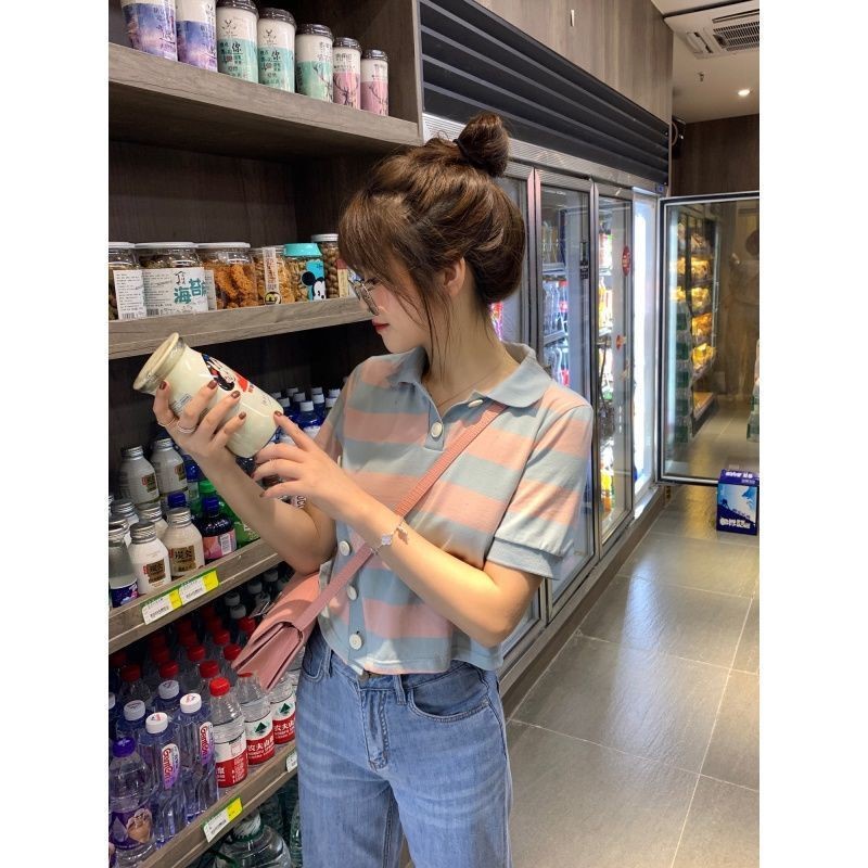 Áo polo Tay Ngắn Họa Tiết Kẻ Sọc Thời Trang Hàn Quốc Cho Nữ