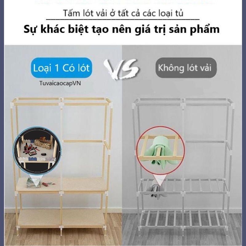 Tủ Vải Đựng Quần Áo loai 1 khung gỗ 2 buồng đựng quần áo 4 ngăn có lót vải và gỗ bọc nhựa