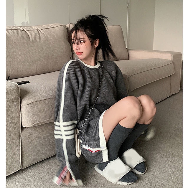 Áo Sweater Cổ Tròn Họa Tiết Kẻ Sọc Màu Sắc Tương Phản Thời Trang Xuân Thu 20212
