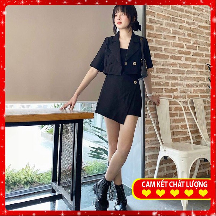 Áo Croptop💦Set Vest💦[FREESHIP]💦 Set áo vest croptop + chân váy chữ A xếp TẶNG KÈM TẤT CAO CỔ HÀN QUỐC CỰC ĐẸP Mã VFC09