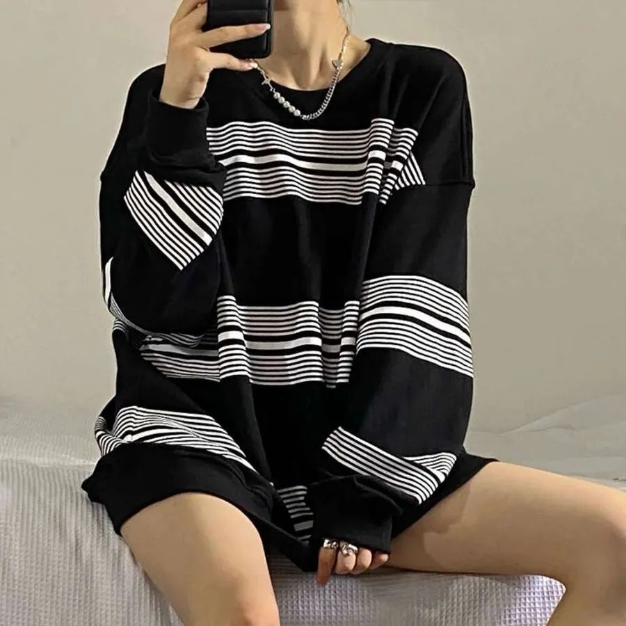 Áo Hoodie Tay Dài Cổ Tròn Form Rộng Họa Tiết Kẻ Sọc Phong Cách Hip Hop Mới Cho Cặp Đôi
