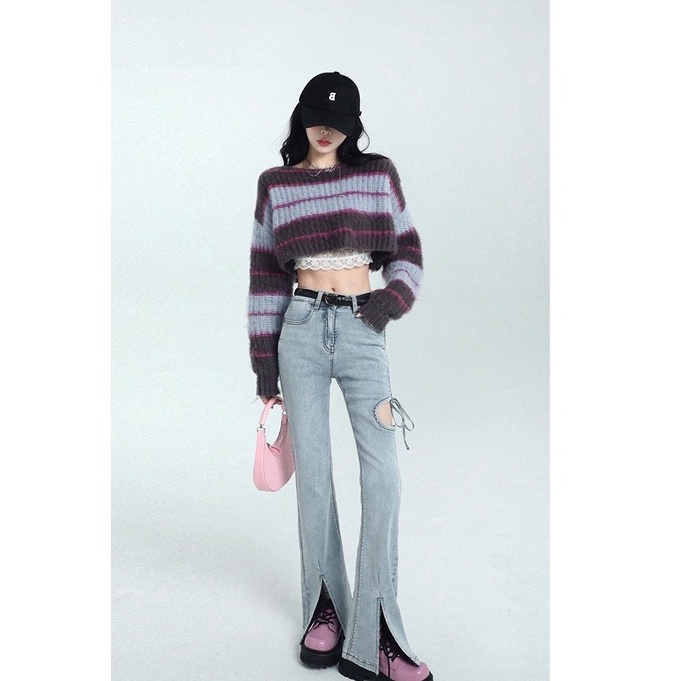 QADCOL Áo sweater Dệt Kim Tay Ngắn Dáng Rộng Họa Tiết Kẻ Sọc Thời Trang Hàn Quốc Cho Nữ