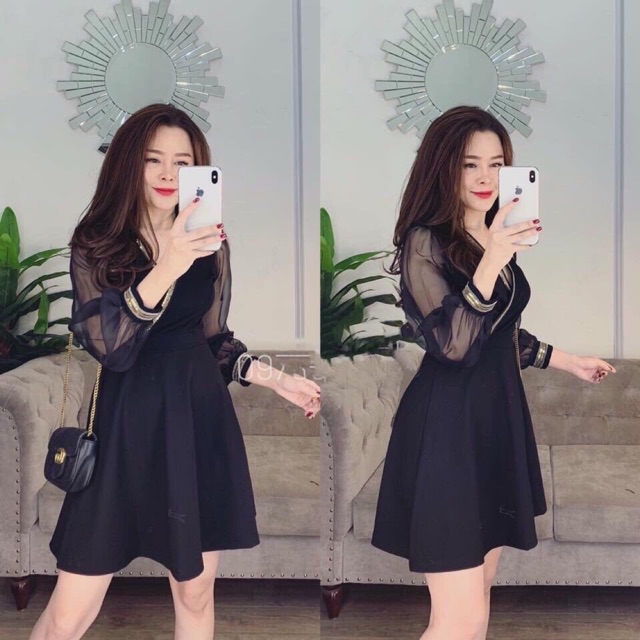 Đầm kiểu chữ A phối tay lứoi cổ viền chéo