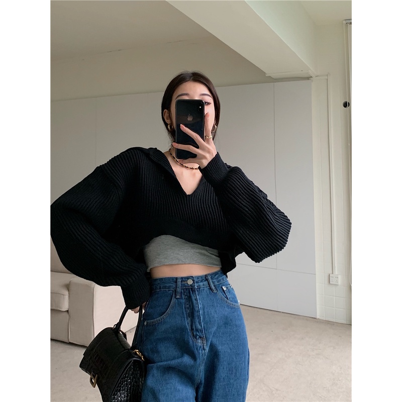 Xiaozhainv  Áo croptop dệt kim tay dài dáng rộng duyên dáng dễ phối đồ cho nữ | BigBuy360 - bigbuy360.vn