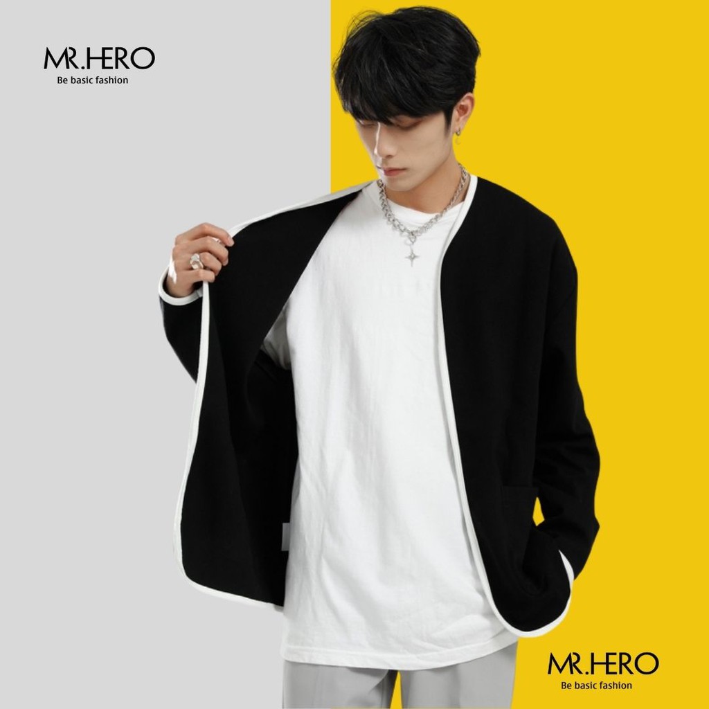 [Siêu Độc] Áo Blazer Nam Dài Tay Form Dáng Rộng Phối Viến Trắng Không Cổ  MrHero Thời Trang Phong Cách Hàn Quốc BZ13